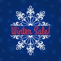 Winter sale text. Discount banner with snowflake. Clearance, flyer, promotion poster template. Vector illustration Royalty Free Stock Photo